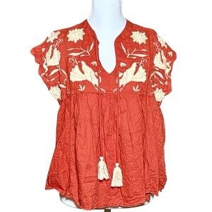 THML terracotta red flowy Blouse with Cream Embroidery